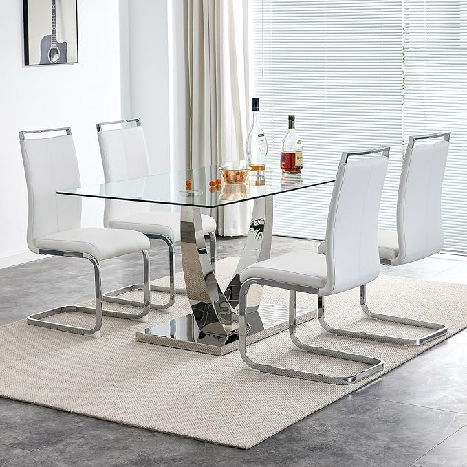 63” Dining Set Table and 4 Chairs,Glass Dining Table Set for 4, Tempered Glass Kitchen Table and PU Leather Chairs, Chrome Silver Dining Room Table Set for4