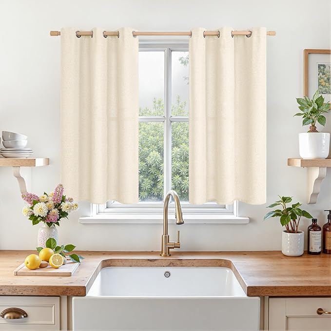 LAMIT Light Beige Linen Curtains for Bedroom 40 inch Length 2 Panels, Linen Textured Light Filtering Curtains Privacy Grommet Window Drapes for Living Room/Farmhouse, Set of 2 Panels, W42 x L40