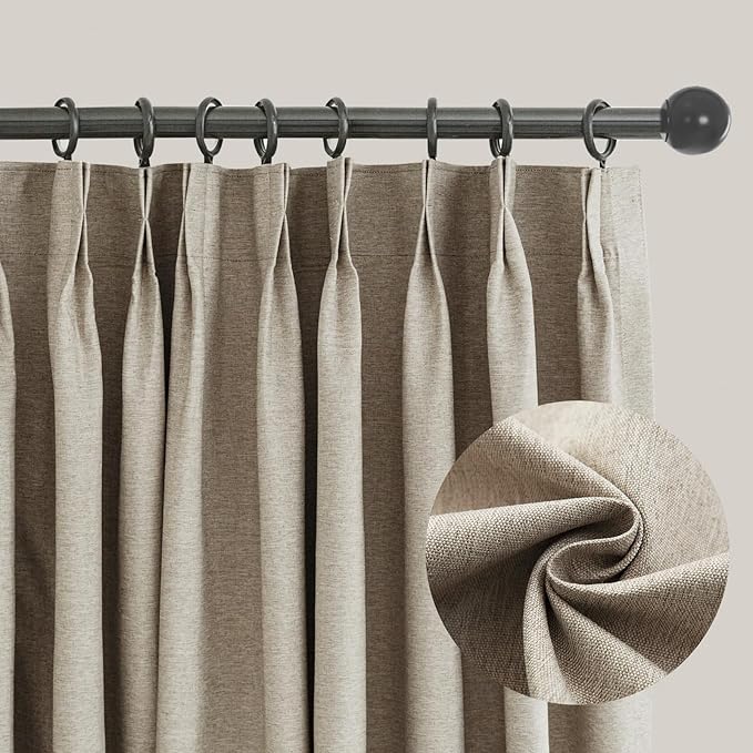 LETAU Brown Curtains 108 inches Long, Pinch Pleated 100% Blackout Privacy Linen Texture Curtains, 26" W x 108" L, 2 Panels