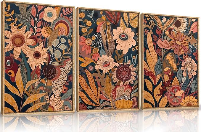 HOURIA Large Orange Flower Framed Canvas Wall Art Set,Boho Mid Century Modern Floral Botanical Wall Decor,Retro Vintage Blossom Artwork,Neutral Plant Art Print for Living Room,Bedroom,Office-16"x24"x3