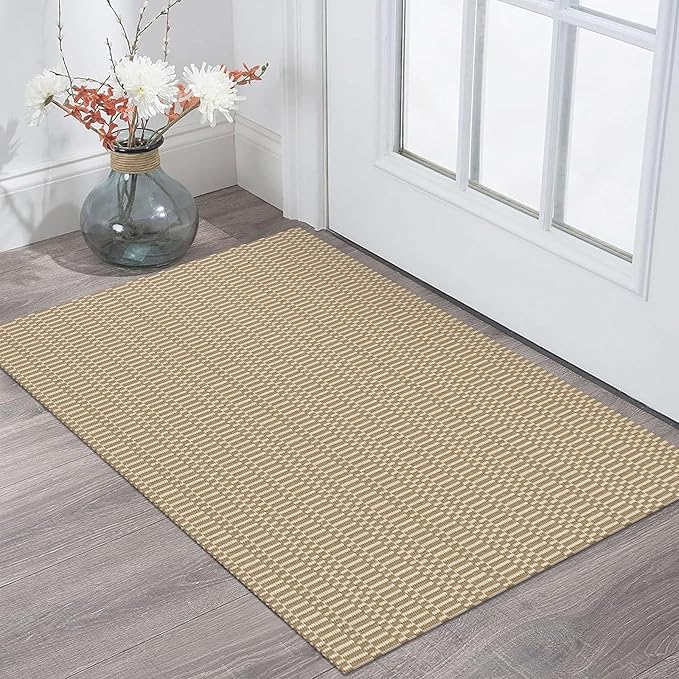KOZYFLY Washable Area Rug 2x3 Ft Small Entryway Rug Indoor Door Mat Throw Rugs with Rubber Backing, Braided Cotton Floor Carpet for Front Entrance Bathroom Kitchen Foyer, Sand/Ivory