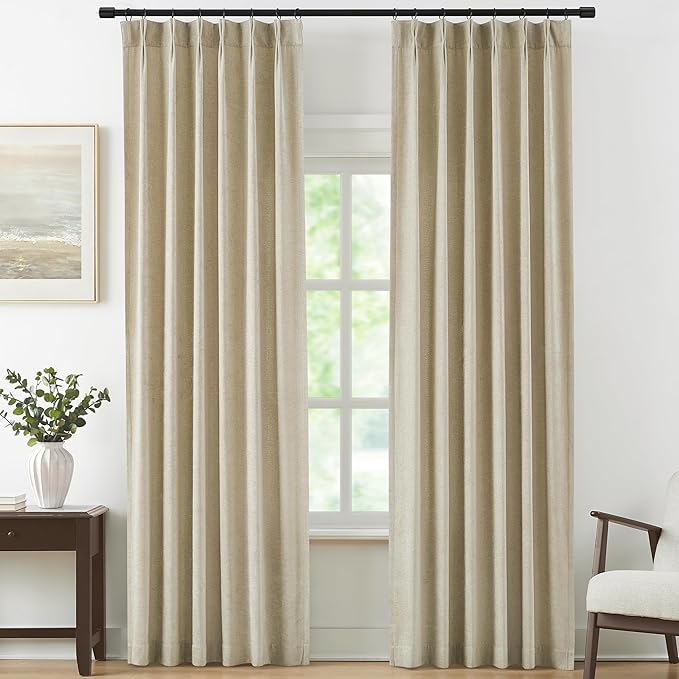 Vision Home Pinch Pleated Light Filtering Curtains Velvet Chenille Window Curtains 95 inch for Living Room Bedroom Semi-Blackout Pinch Pleat Drapes with Hooks 36" Wx95Lx2,Oatmeal Tan