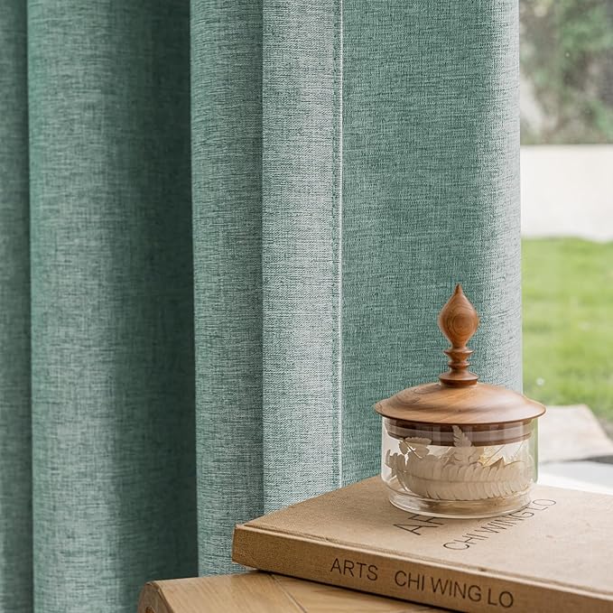 Textured Linen Pencil Pleats 100% Blackout Curtains for Bedroom/Living Room Blackout Curtains 63 Inches Long, Energy Saving Window Treatment Curtains,120Wx63Lx2,Green
