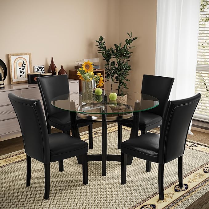 PADMA HOUSE Round Glass Dining Table Set for 4, 45in Modern Kitchen Dinner Table with 4 Parsons Leather Dining Chairs 5 Piece Dining Room Wood Glass Table Chair Set, Clear&Black