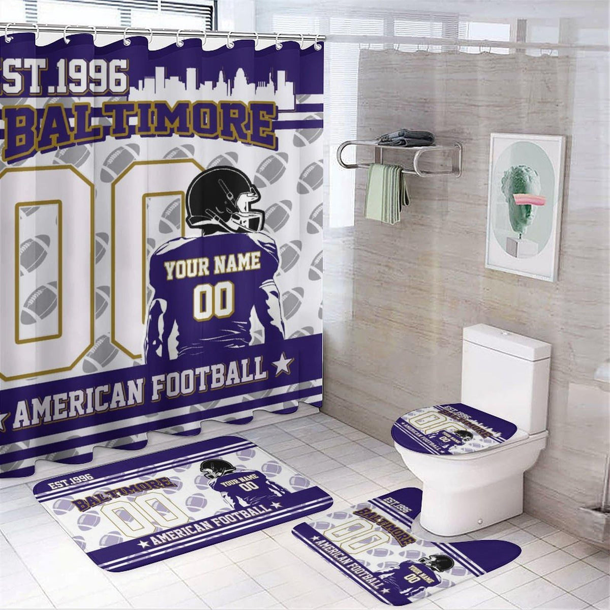Custom Baltimore Style Shower Curtain 4-Set American Football Style Bathroom Decor Set with Non-Slip Bath Mat,U-Shaped Rug,Toilet Cover, Personalized Name Number, Sports Fan Gift for Men Women