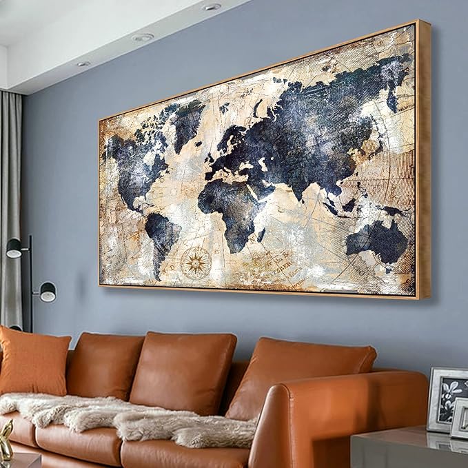 Tucai Decor Framed Wall Art World Map Wall Art Print Picture Decor Home Interior - Map Picture for Office Decor Travel Memory Nautical Map Canvas Artwork 20 x 40 inch Ready to Hang (Framed)