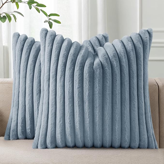Pallene Faux Fur Plush Throw Pillow Covers 20x20 Set of 2, Luxury Soft Fluffy Striped Decorative Pillow Covers for Sofa, Couch, Living Room, Blue Grey