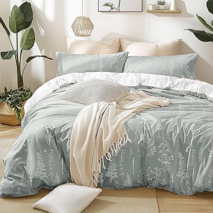 Love's cabin Grey Queen Comforter Set - Queen Size Comforter Set, 3 Pieces Cute Floral Bedding Sets for All Seasons,1 Soft Reversible Botanical Flowers Comforter and 2 Pillow Shams