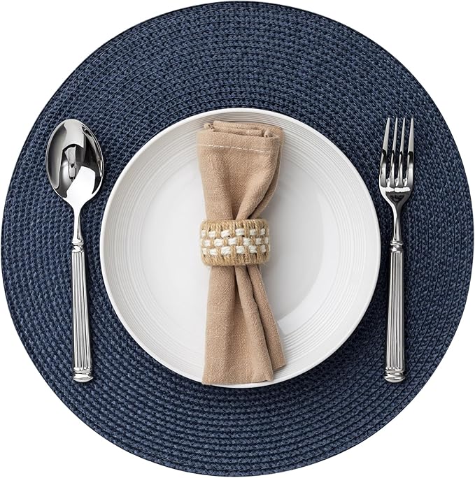 Round Placemats Set of 12 Plastic Woven Placemats Washable Wipeable Table Mats for Dining Table Heat Resistant Non-Slip Circle Place Mats (Navy Blue)
