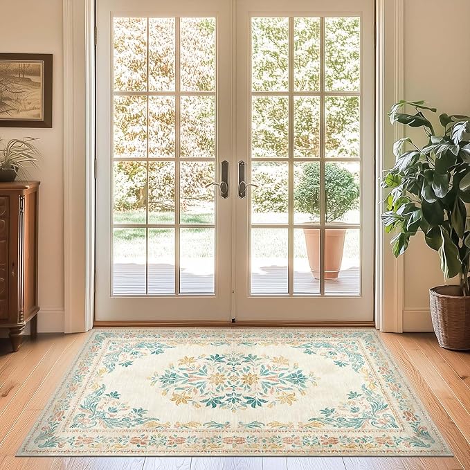 jinchan Vintage Floral 3x5 Area Rugs for Entryway - Machine Washable Distressed Design Ultra-Thin Low-Pile Soft Non-Shedding Carpet for Kitchen Bedroom Laundry Living Room (3x5ft, Apricot Multi)