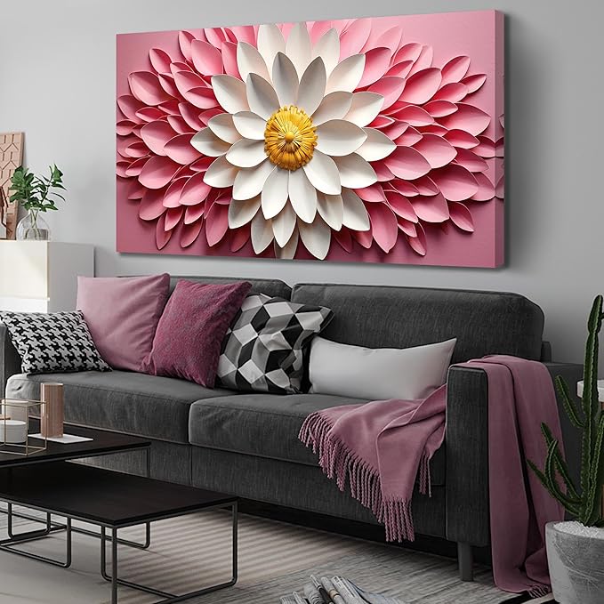 Ouzzlie Large Floral Wall Art Bedroom Pink Canvas Wall Decor Flower Picture Art White Artwork for Living Room Office 29" x 59"