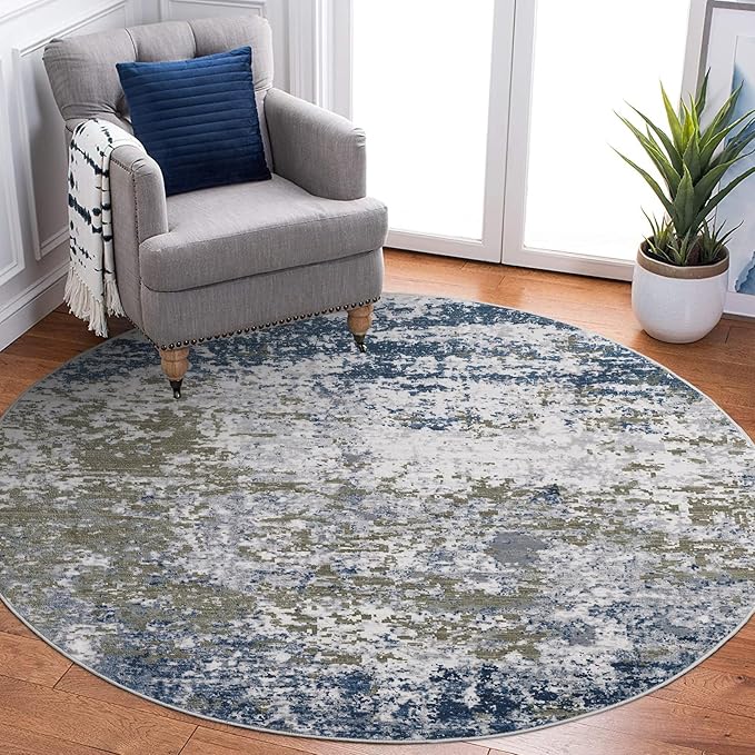 Modern Abstract 8x8 Round Area Rug Non Slip Non Shedding Rug Low Pile Stain Resistant for Bedroom Living Room Office Dining Room,Navy