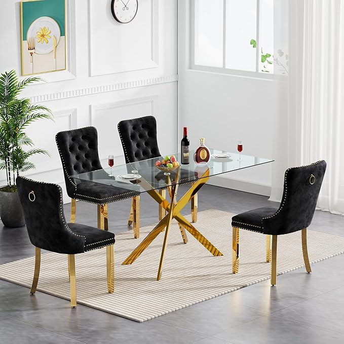 5 Piece Dining Table Set for 4, 51in Glass Dining Table Set with 4 Upholstered Dining Chairs, Black Tufted Chair & Dining Room Table Set w/Metal Legs, Gold Glass Kitchen Table and Chair Set for 4
