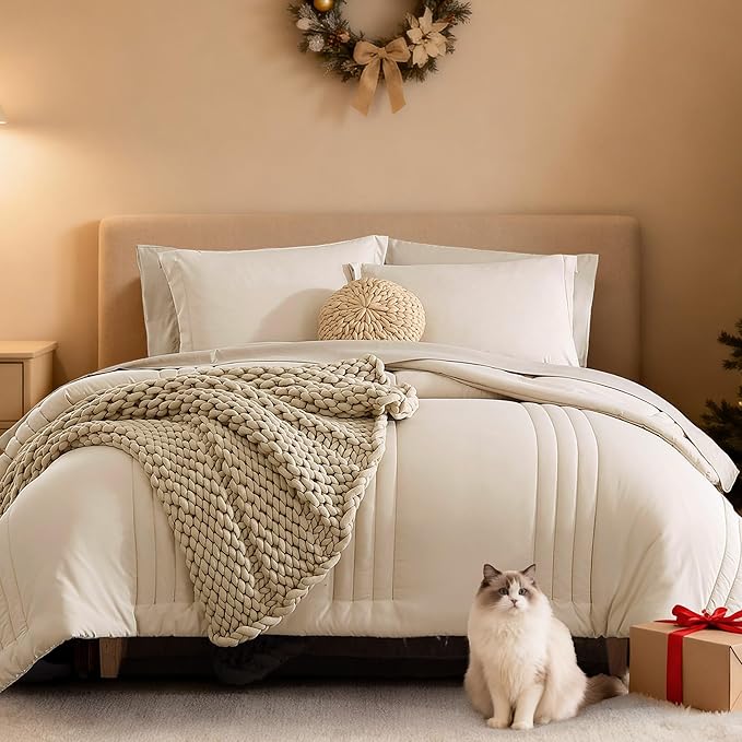 Monbix King Size Comforter Set - 7 Pieces Bed in a Bag King, Apricot Beige Bedding Sets with Comforter, All Seasons Comforter Bed Set with Sheets, Pillowcases & Shams