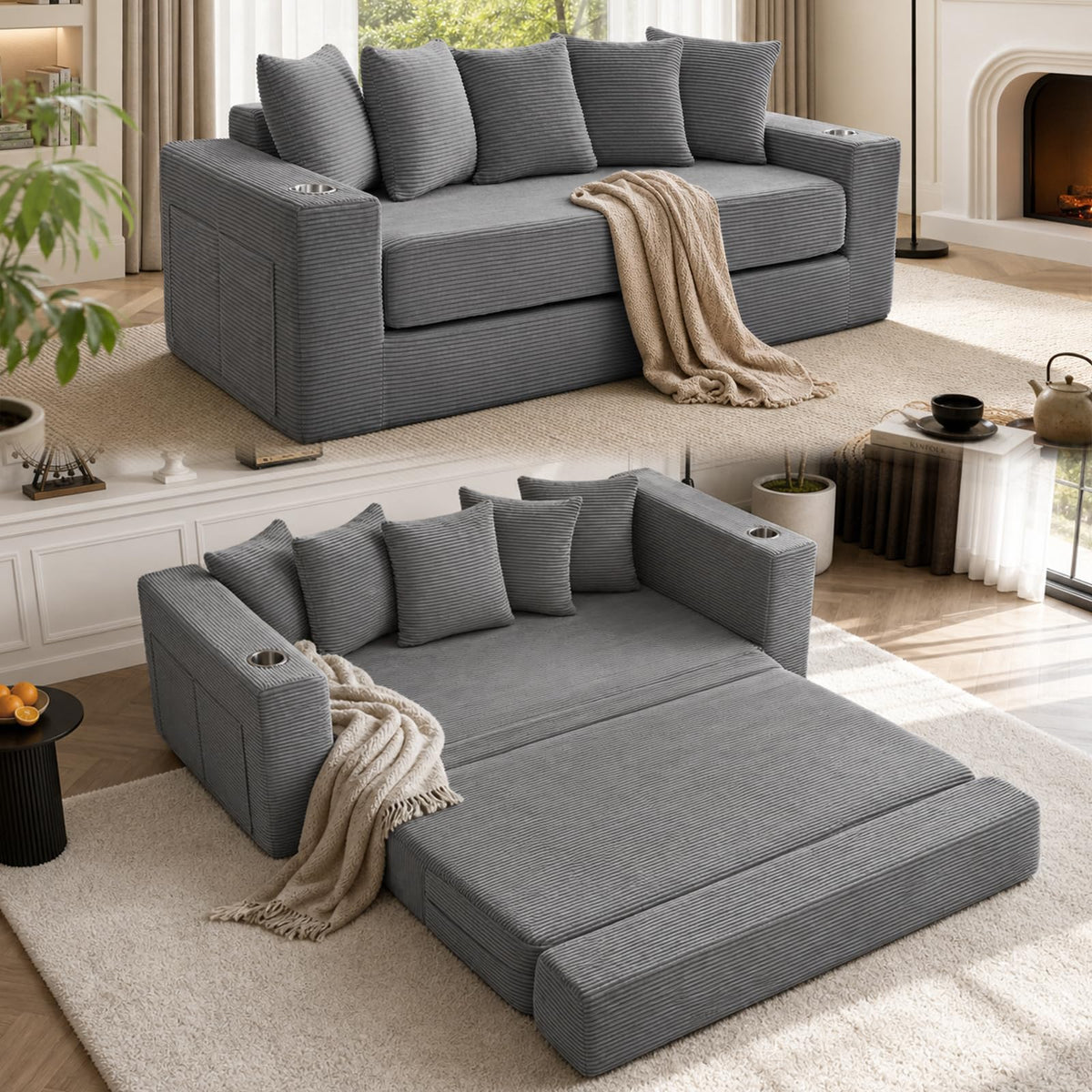 76" Convertible Sofa Bed, Corduroy Boneless Couch with Cup Holders & Pocket