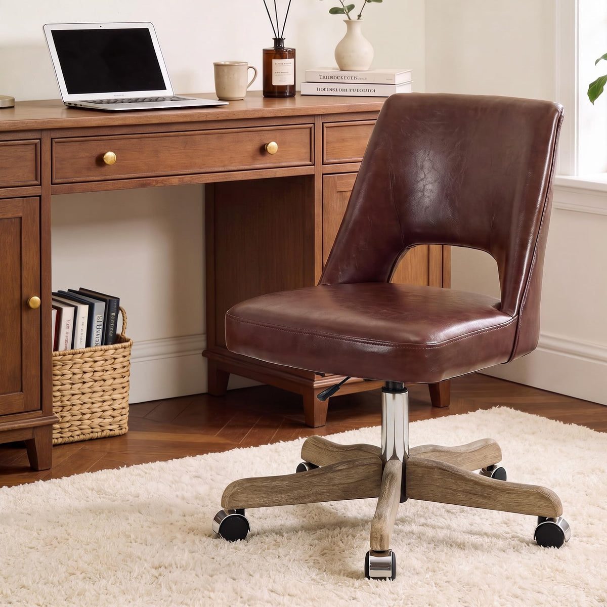 HOCAT Swivel Office Desk Chair, Armless Adjustable Height Faux Leather Chair,Farmhouse Small Mid Back No Arms Rolling Vanity Chair with Wood-Look Base for Home Office and Bedroom,Brown