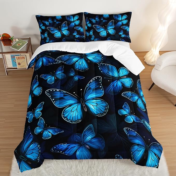 Dream Blue Butterfly Comforter Set Twin Size,Boho Bedding Comforter Sets for Kids Boys Girls Bedroom Decor Aesthetic,Animal Themed Bedding Soft Fluffy Comforter Sets with 2 Pillowcases.