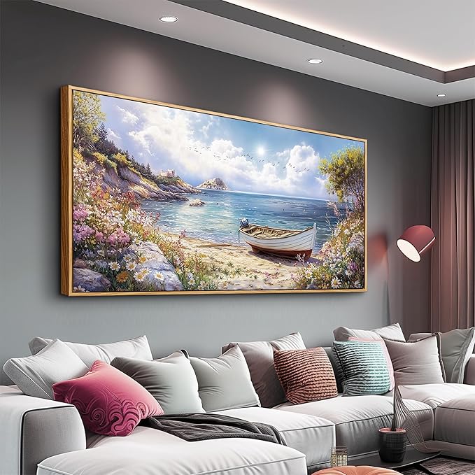 QIYILEXWART Wood Farmed Canvas Wall Art For Living Room Wall Decor For Bedroom Office Wall Decoration The Sea Boat Landscape Painting Farmhouse Pictures Artwork Room Aesthetic Home Decor 20x40 In