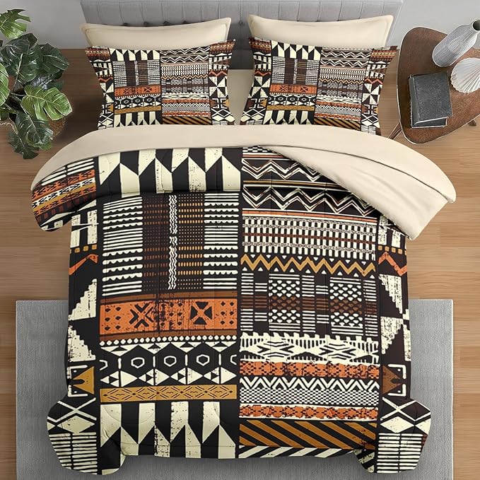 Comforter Set Full Size, Vintage Tribal African 7 Pcs Bedding for Kids and Adults, Brown Abstract Patchwork Bed Sheet Sets with Fitted Sheet 2 Pillowcases & 2 Shams