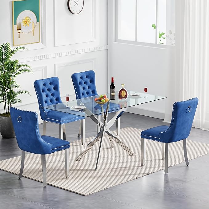 5 Piece Dining Table Set for 4, 51in Glass Dining Table Set with 4 Upholstered Dining Chairs, Blue Tufted Chair & Dining Room Table Set w/Silver Metal Legs, Glass Kitchen Table and Chair Set for 4
