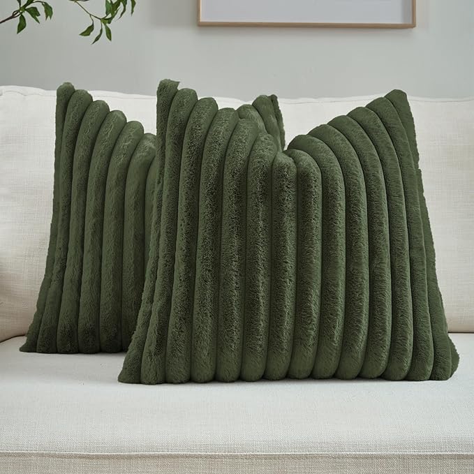 FUTEI Olive Green Throw Pillow Covers Set of 2, 20x20 Inch Striped Texture Cushion Cases with Soft Faux Rabbit Fur Front & Velvet Back, Modern Decorative Couch Pillows for Living Room
