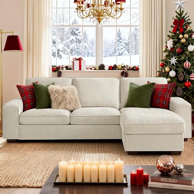 PARKOL 99" L-Shaped Sectional Couch with Storage, Sofa with Reversible Chaise, USB Type-C Charging, Chenille Fabric, Removable Cushion Covers, for Small Space, Apartment, Living Room, Beige