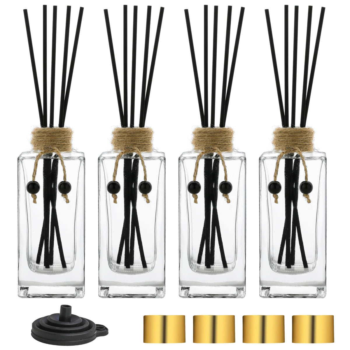 Glass Reed Diffuser Set of 4 - 5oz/155ml Clear Empty Essential Oil Diffuser Bottles with Caps and Reeds - Decorative Bottle Set - Bulk Reusable Apothecary Perfume Jar Gift