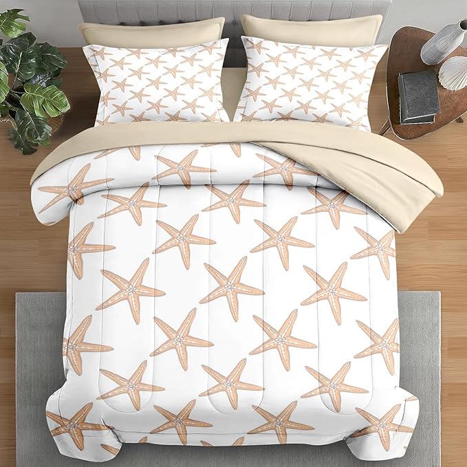 Comforter Set Full Size, Boho Sea Shells 7 Pcs Bedding for Kids and Adults, Nautical Beach Summer Bed Sheet Sets with Fitted Sheet 2 Pillowcases & 2 Shams for Bedroom Bed Decor