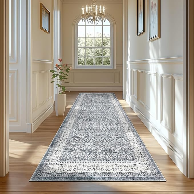 jinchan Hallway Runner Rug 3x10 - Machine Washable Grey Vintage Floral Distressed Design Soft Non-Slip Low-Pile Ultra-Thin Runner Rug for Kitchen Laundry Room Bedroom Farmhouse (3‘x10', Grey)