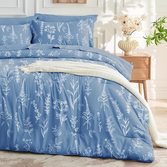 MUXHOMO Ice Blue Full Comforter Set, Elegant Floral Print Bed in a Bag 7 Pieces, Ultra Soft & Breathable Reversible Botanical Pattern Bedding Set with Comforter, Sheets, Pillowcases, and Shams