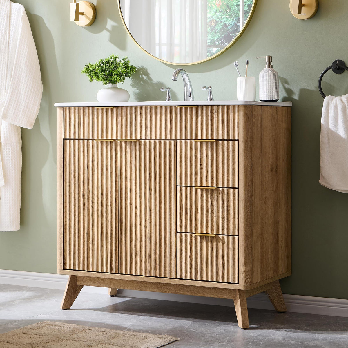 T4TREAM 36" Fluted Bathroom Vanity with Ceramic Sink Combo, Natural Oak