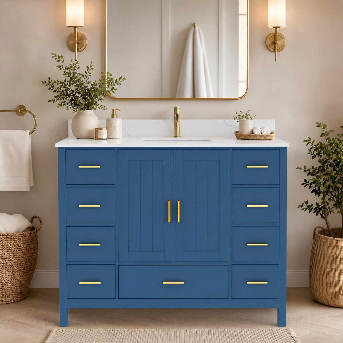 KEIKI 42" Bathroom Vanity with Sink & Quartz Top, Wood Bath Storage Cabinet