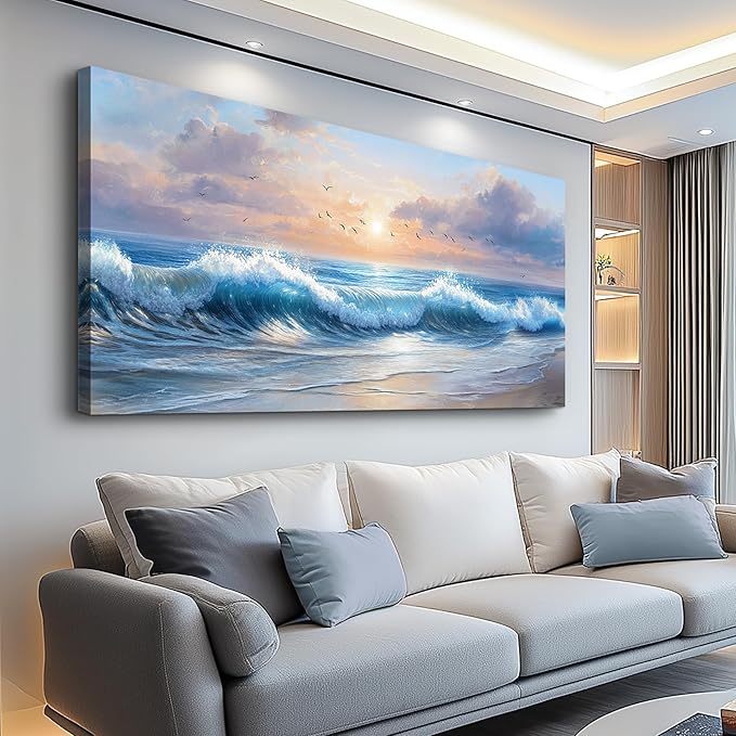 XIGUANGART Blue Ocean Paintings Canvas Prints Wall Art for Living Room Large Wall Decor for Bedroom Modern Minimalist Artwork Beach Sunrise Sea Wave Nature Pictures Office and Bathroom Home Decor