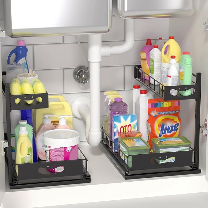 Under Sink Organizer with Pull-Out Drawers,Kitchen Sink Organizer,2 Tier Bathroom Organizers And Storage,Bathroom Accessories Set,Black 2 Pack