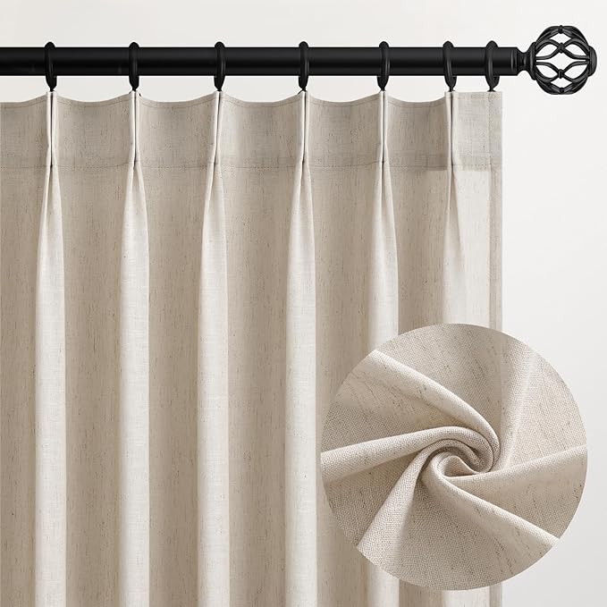 Topfinel Oatmeal Pinch Pleated Linen Curtains 105 Inch Length 2 Panels for Living Room Bedroom Semi Sheer Window Curtain Boho Neutral Back Tab Pinch Pleat Drape with Hooks 105 Inches Long