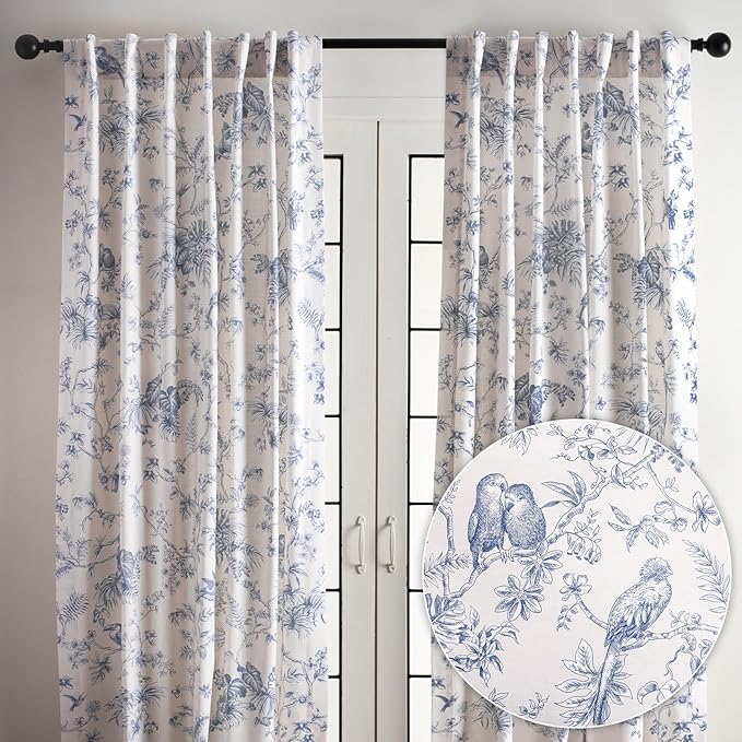 Maison d' Hermine Curtains for living room 100% Cotton 84 inch length Two Panels Light Filtering Toile Curtains for Bedroom Windows with rod and loop Pockets Drapes (Jouy Paradise Blue, 50"W x 84"L)