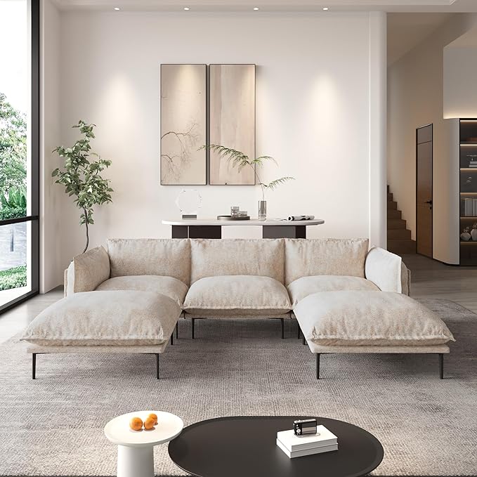 WJShome Velvet Modular Sectional Sofa with Chaise,111" Modern U-Shaped Couch for Living Room, 3-Seater Sofa with 2 Ottomans with Removable Cushions and 8" High Metal Legs, Easy to Clean, Oatmeal