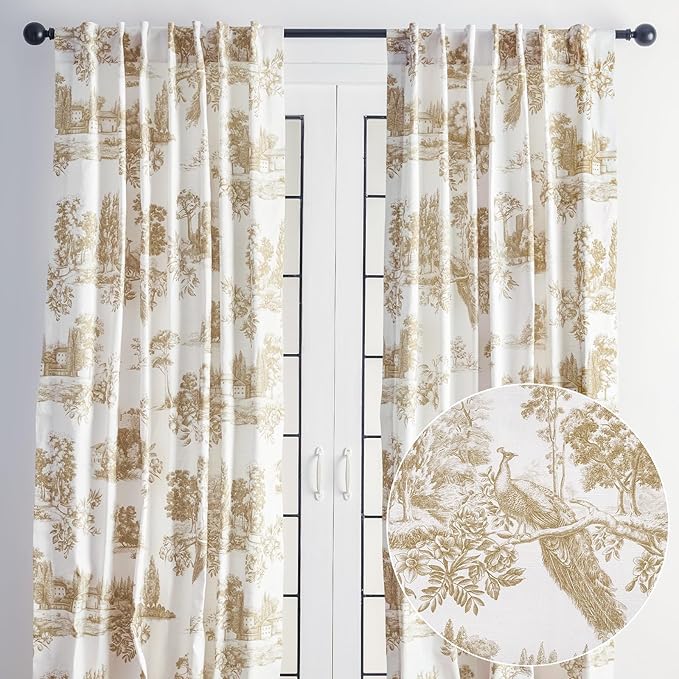 Maison d' Hermine Curtains for Living Room 100% Cotton 124 inch Length Two Panels Light Filtering Toile Curtains for Bedroom Windows with Rod and Loop Pockets Drapes (Trianon Bronze, 50" W x 124" L)
