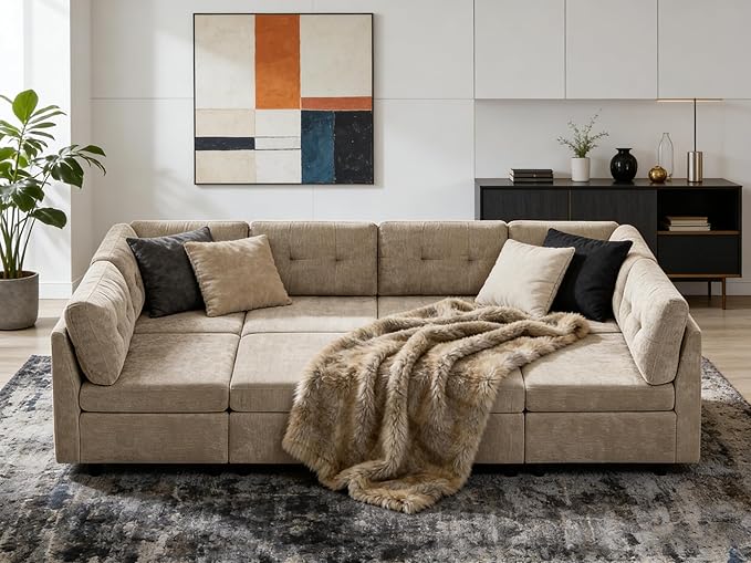 VANOMi 118 Inch Cloud Modular Sectional Sofa with 2 Ottomans, 8 Seat Cloud Sectional Sofa Bed, Chenille Sofas & Couches for Living Room, Apartment, Office, Camel
