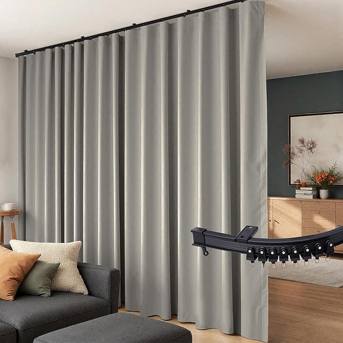 Room Divider Curtains Flexible Ceiling Tracks set Curtain track Ceiling Mount Blackout Curtain for Living Room Bedroom Ceiling Curtain Rod Privacy Dividers Panel W100xH96 Light Grey Drape&Black rail