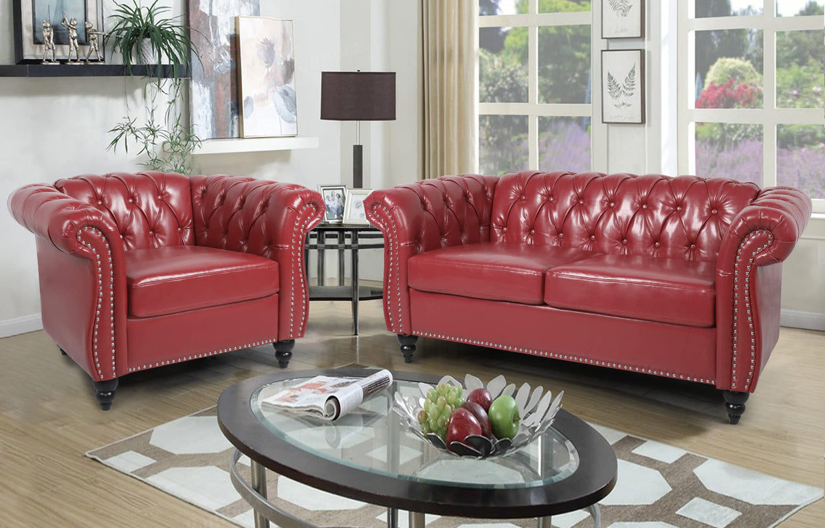 RARZOE 2 Pieces of Living Room Furniture Sofa Sets,Modern Contemporary Tufted Button Faux Leather Accent Club Chair&Chesterfield Loveseat Sofas Set with Nailhead Trim Scroll Arms for Home,Burgundy