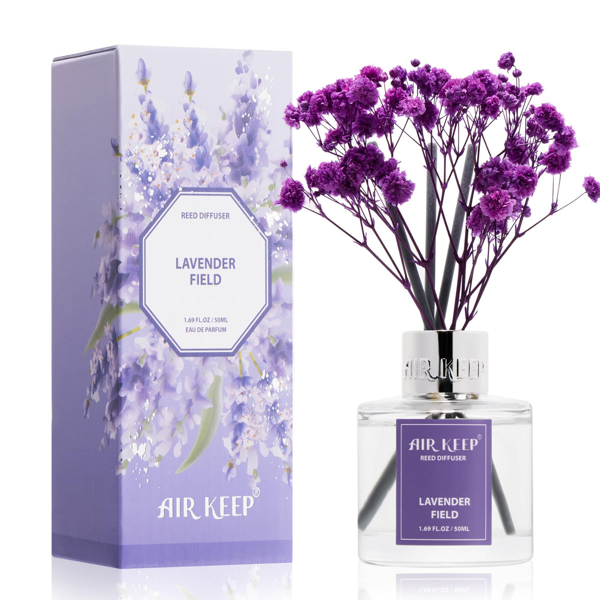 Airkeep Reed Diffuser Set,1.69 fl oz (50 ml) - Lavender Field Oil Diffusers with 8 Reed Sticks,Home Fragrance Reed Diffuser for Bathroom Shelf Decor