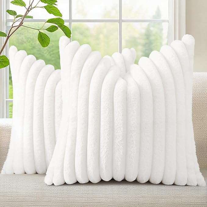 decorUhome Faux Fur Spring Throw Pillow Covers 16x16 Set of 2, Decorative Soft Plush Striped Neutral Couch Euro Pillow Covers with Velvet Back for Sofa, Bed, Living Room Home Decor, White
