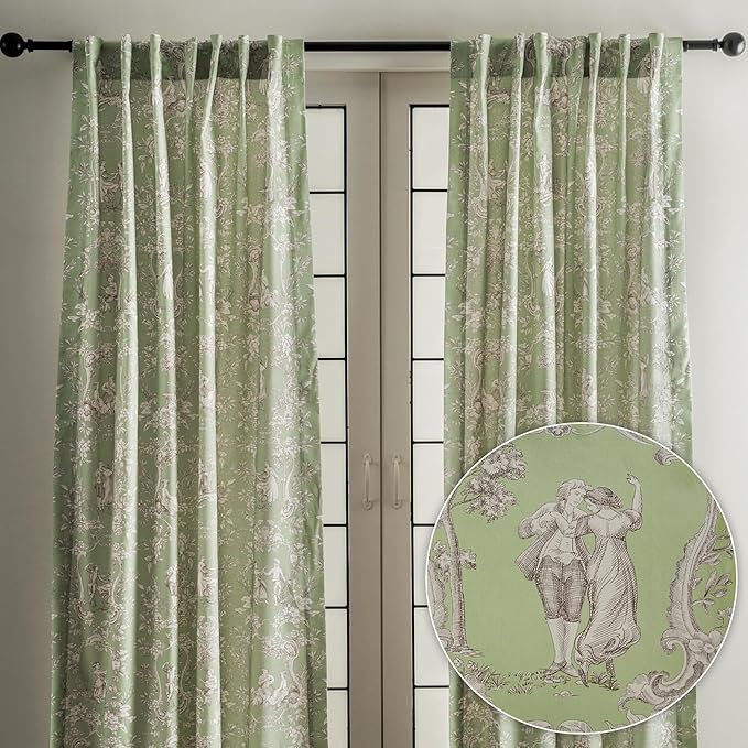 Maison d' Hermine Curtains for Living Room 100% Cotton 96 inch Length Two Panels Light Filtering Toile Curtains for Bedroom Windows with Rod and Loop Pockets Drapes (Joli Jouy Green, 50" W x 96" L)