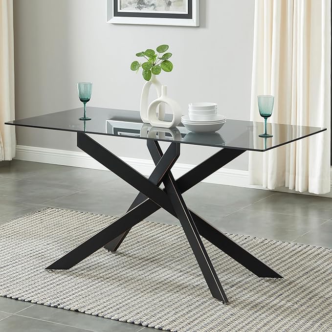 Modern Style Dining Table with Gray Tempered Glass Top and Black Metal Tubular Legs, 58.5”Lx29”Wx30”H