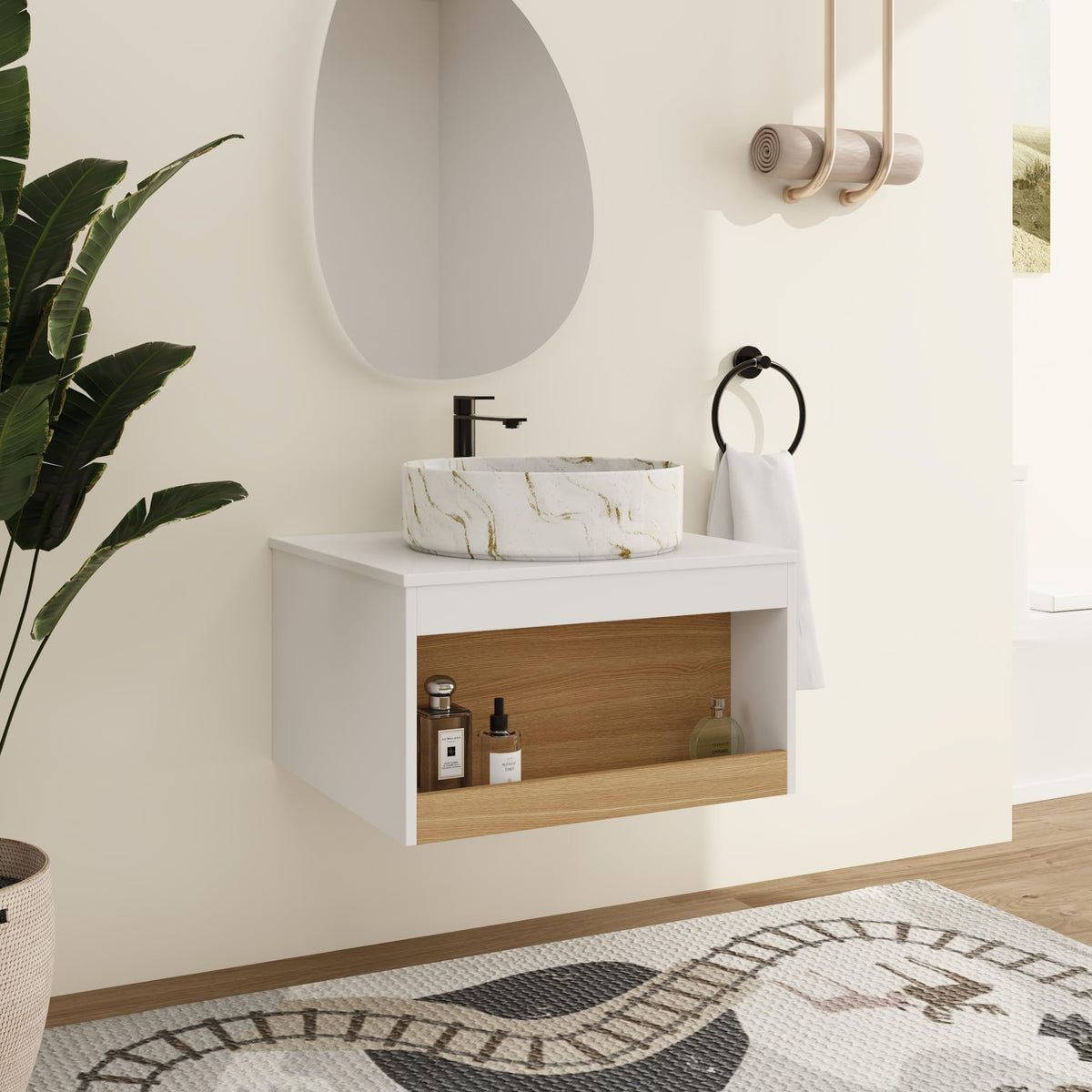 Malwee 24" Floating Bathroom Vanity with Vessel Sink, Wall-Mounted Cabinet with Open Shelf Storage Sink Combo, White Finish & Wood Accent, Round Ceramic Basin, Space-Saving Modern Design.24-PP