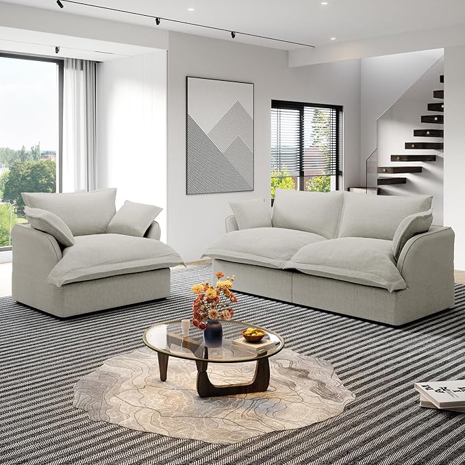 Cloud Modular Sectional Sofa Couch, Loveseat with Armchair Convertible Sectional Couch, Down Feather Fill Sofa, Completely Removable Cover, Corner Sofa for Living Room, Office,Light Grey