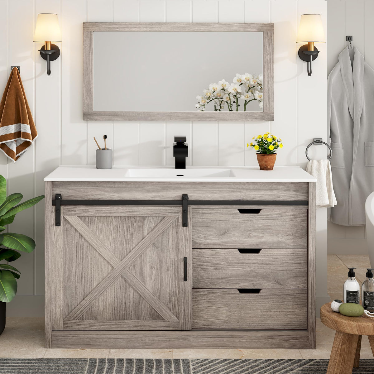 48" Farmhouse Bathroom Vanity with Sink & Faucet & Mirror, Gray