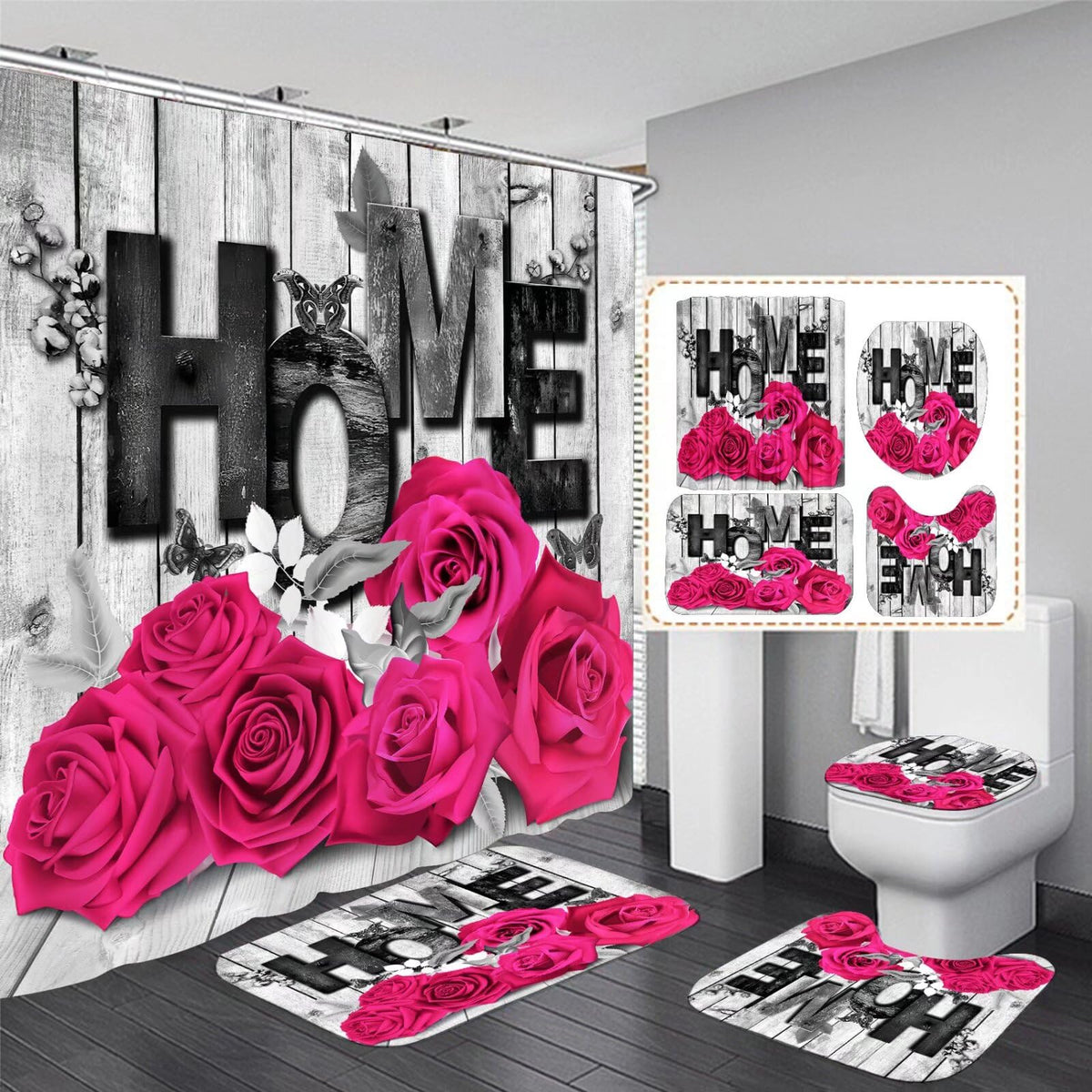 Yddsky 4 Pcs Pink Rose Shower Curtain Set with Rugs Bathroom Set