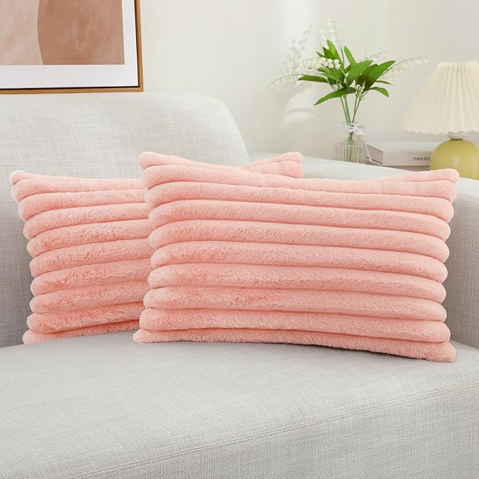 decorUhome Faux Fur Spring Throw Pillow Covers 12x20 Set of 2, Decorative Soft Plush Striped Neutral Couch Euro Pillow Covers with Velvet Back for Sofa, Bed, Living Room Home Decor, Blush Pink